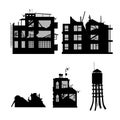 Black silhouette of broken city. Industrial landscape. War conflict. Ruins of house after earthquake. Old building scene