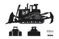 Black silhouette of bulldozer. Front, side and back view of digger. Industrial isolated drawing of dozer.