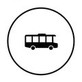 A black silhouette of a bus is centered within a simple circular black outline on a white