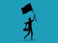 Black silhouette of a businessman raising a flag of victory.