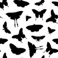 Black silhouette butterflies and moths vector seamless pattern. Hand drawn modern graphic art. Black vector insects Royalty Free Stock Photo