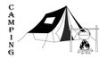 Black Silhouette Of Camping Tent With Pot On the Fire Isolated On the White Background. Cartoon Flat Style. Vector Royalty Free Stock Photo