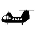 Black silhouette of a cargo helicopter with two screws on a white background. Vector icon. Royalty Free Stock Photo