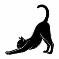 Silhouette of a black cat stretching with its tail up on white background Royalty Free Stock Photo