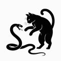 Black silhouette of a cat swatting at a coiled snake white background Royalty Free Stock Photo