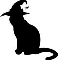 Black silhouette of cat in witch hat isolated on white backgrou Royalty Free Stock Photo