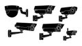 Black silhouette cctv security cameras various angles mounted wall vector illustration set Royalty Free Stock Photo