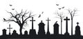 Black silhouette of cemetery with tombstones, crosses, gravestones, crows, bats and trees. Royalty Free Stock Photo