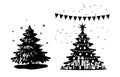 Black silhouette of a Christmas tree before and after decoration. Set of New Year design elements. Christmas tree in the forest, Royalty Free Stock Photo