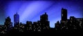 Black silhouette of cityscape. The beams of searchlights in the night sky