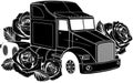 black silhouette of Classic American Truck with rose. Black and white illustration Royalty Free Stock Photo