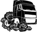 black silhouette of Classic American Truck with rose. Black and white illustration Royalty Free Stock Photo