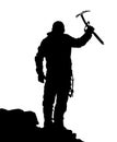 Black silhouette of climber with ice axe in hand