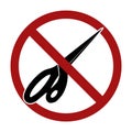 Black silhouette of closed sewing scissors in a prohibition sign. Ban on cutting. Vector object