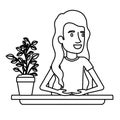 Black silhouette closeup half body woman assistant in desk with long wavy hair