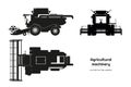 Black silhouette of combine harvester. Side, front and top view of agriculture machinery. Industrial isolated drawing