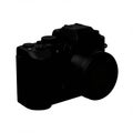 Black silhouette of a compact DSLR camera on a plain white background. Features Royalty Free Stock Photo