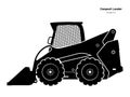 Black silhouette of compact loader. Side view. Isolated mini bulldozer. Industrial blueprint of loading machine