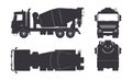 Black silhouette of concrete mixer truck. Side, top, front and back views. Isolated lorry blueprint. Industrial drawing
