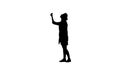 Black silhouette cook girl in toque and apron is gesticulating praising their dishes on white background. Profile view