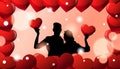 Black Silhouette Couple Embracing Over Valentines Day Background In Red Hearts Frame Royalty Free Stock Photo