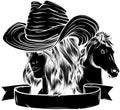 black silhouette of cowgirl woman wearing cowboy hat and with wild mustang horse head vector Royalty Free Stock Photo