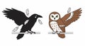 Silhouette of a Crow and a Barn Owl Perched on Branches with Feathers Royalty Free Stock Photo