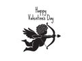 Black silhouette of Cupid aiming a bow and arrow. Happy Valentines Day text