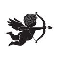 Black silhouette of Cupid aiming a bow and arrow. Valentines Day love symbol.Vector illustration isolated