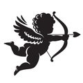 Black silhouette of Cupid aiming a bow and arrow. Valentines Day love symbol.Vector illustration isolated Royalty Free Stock Photo