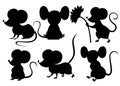 Black silhouette. Cute cartoon mouse set. Funny little grey mouse collection. Emotion little animal. Cartoon animal character Royalty Free Stock Photo