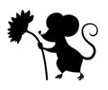 Black silhouette. Cute little gray mouse holds a flower. Cartoon animal character design. Flat illustration isolated on