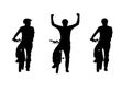 Black silhouette of cyclist with bicycle on white background. 3 in 1 Collage, front view full length. Male bicyclist in Royalty Free Stock Photo