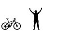Black silhouette of cyclist raising his hands in triumph and rejoicing in victory. Male bicyclist standing next to a Royalty Free Stock Photo