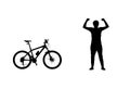 Black silhouette of cyclist raising his hands in triumph and rejoicing in victory. Male bicyclist standing next to a Royalty Free Stock Photo