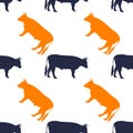 Black silhouette dark blue and yellow bull or cow icon isolated seamless pattern on white background. Vector Royalty Free Stock Photo