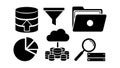 Black silhouette data storage and cloud computing icons including database funnel folder pie chart and magnifying glass Royalty Free Stock Photo