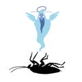 Black silhouette of a dead cockroach with a blue ghost in a shroud, insect pest, symbol of unsanitary conditions