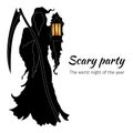 Black silhouette of death with a scythe and a lantern. Halloween banner with scary party vector illustration isolated on white