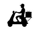 Black silhouette. Delivery man on scooter. Food courier. Man with baseball cap. Flat illustration isolated on white