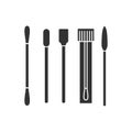 Black silhouette of different swabs, ear stick in flat style on white background. Medical tools, hygiene objects