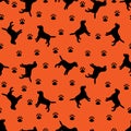 Black silhouette of a dog on a orange background. Vector illustration. Seamless pattern. Royalty Free Stock Photo