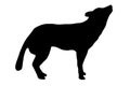 Black silhouette of a dog on a white background looking up.