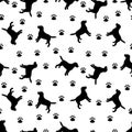 Black silhouette of a dog on a white background. Vector illustration. Seamless pattern. Royalty Free Stock Photo
