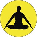 Black silhouette of doing pranayama breath Jalandhara Bandha exercise sitting in lotus pose on a bright yellow circle back