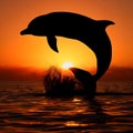 A black silhouette of a dolphin leaping out of the water in front of a setting sun
