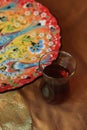 Still life in turkish oriental style. Tea and trditional plate. Turkey. Royalty Free Stock Photo