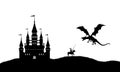 Black silhouette of dragon and knight on white background. Landscape with castle. Fantasy battle
