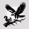 Black silhouette eagle attacking squirrel on branch hunting predator Royalty Free Stock Photo