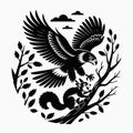 Black silhouette eagle swooping down to attack squirrel on tree branch with clouds Royalty Free Stock Photo